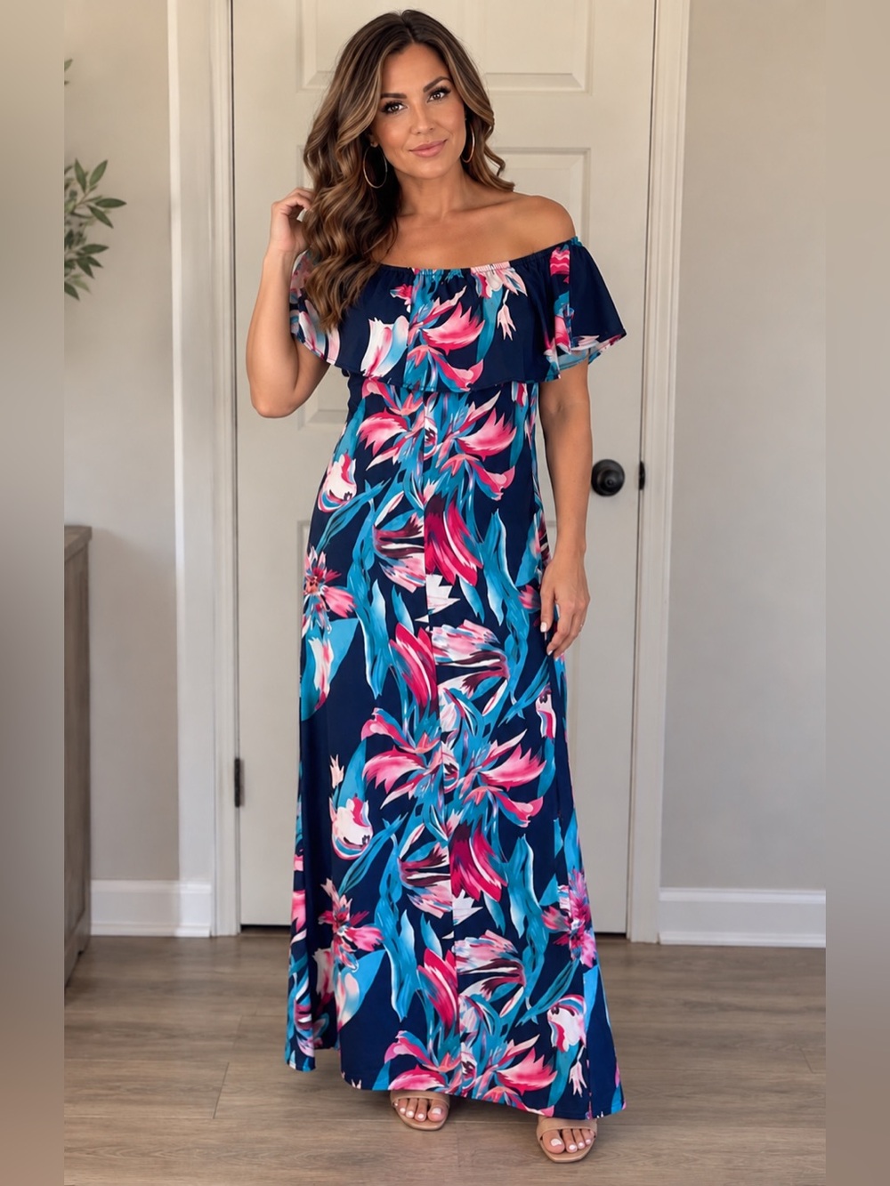 Floral Maxi Dress with Pink and Blue Accents